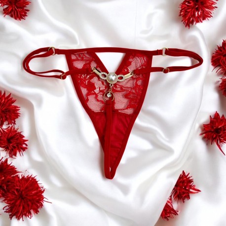 String rouge avec bijou perle strass dorés - PA06MRED