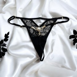 String noir avec bijou perle strass dorés - PA06MBLK