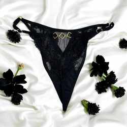 Tanga noir en dentelle avec bijou losanges dorés - PM01GBLK