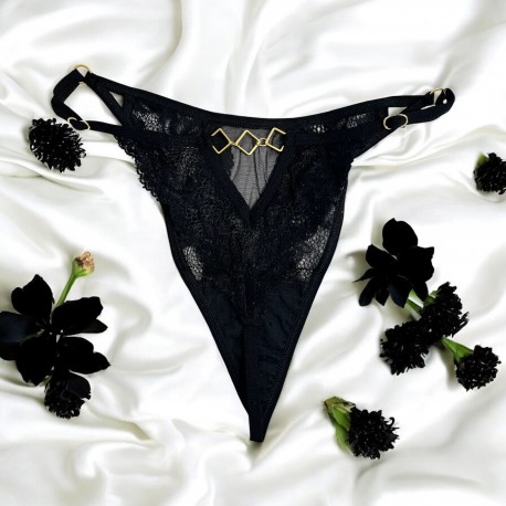 Tanga noir en dentelle avec bijou losanges dorés - PM01GBLK