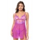 Babydoll sexy en résille brodée florale et string - MAL7614AZAL