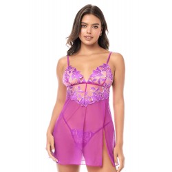 Babydoll sexy en résille brodée florale et string - MAL7614AZAL