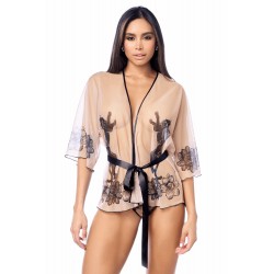 Peignoir sexy en résille imprimée transparente avec string - MAL7615NUBK