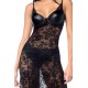 Robe longue sexy en dentelle cuir avec string et porte-jarretelles - MAL7616BLK