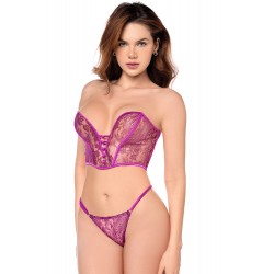 Ensemble sexy 2 pièces bustier string en dentelle satinée - MAL8948PKAG