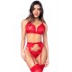 Ensemble sexy 3 pièces peek-a-boo en dentelle avec string et porte-jarretelles - MAL8970RED