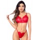 Ensemble sexy 3 pièces peek-a-boo en dentelle avec string et porte-jarretelles - MAL8970RED
