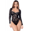 Body sexy manches longues en dentelle gothique et détails effet cuir - MAL8957BLK