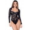 Body sexy manches longues en dentelle gothique et détails effet cuir - MAL8957BLK
