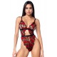 Teddy taille haute en résille noire brodée de roses avec ceinture - MAL8961BKRD