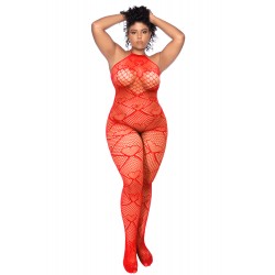 Bodystocking grande taille en résille rouge à motif cœur, orné de strass, ouvert à l’entrejambe - Mapalé