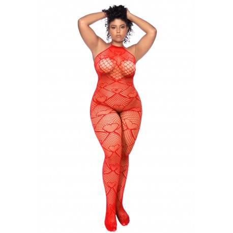 Bodystocking grande taille en résille rouge à motif cœur, orné de strass, ouvert à l’entrejambe - Mapalé