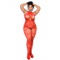 Bodystocking grande taille en résille rouge à motif cœur, orné de strass, ouvert à l’entrejambe - Mapalé