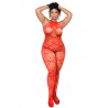 Bodystocking grande taille en résille rouge à motif cœur, orné de strass, ouvert à l’entrejambe - Mapalé