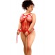 Body en résille rouge grande taille, orné de strass avec menottes assorties – Mapalé