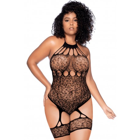 Body grande taille en résille léopard noir à tour de cou et jarretières intégrées - Mapalé