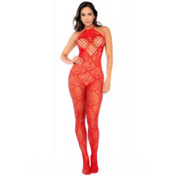 Bodystocking en résille rouge à motif cœur, orné de strass, ouvert à l’entrejambe - Mapalé