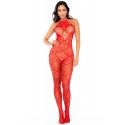 Bodystocking en résille rouge à motif cœur, orné de strass, ouvert à l’entrejambe - Mapalé