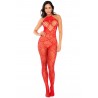 Bodystocking en résille rouge à motif cœur, orné de strass, ouvert à l’entrejambe - Mapalé