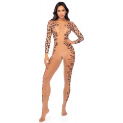 Combinaison en résille léopard à manches longues imprimées, ouverte à l’entrejambe - Mapalé