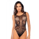 Body noir en résille motif serpent, orné de strass, ouvert à l’entrejambe - Mapalé