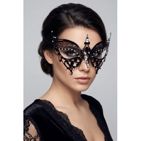 Masque vénitien Alida rigide noir avec strass - HMJ-026BK
