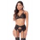 Ensemble lingerie 3 pièces noir en dentelle avec porte-jarretelles – Mapalé