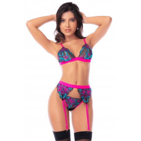 Ensemble lingerie 3 pièces bleu et rose brodé avec sequins – Mapalé